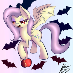 Size: 3300x3300 | Tagged: safe, artist:kawaiipony2, fluttershy, bat, g4, apple, bedroom eyes, fangs, female, flutterbat, high res, raised hoof, red eyes, solo, spread wings