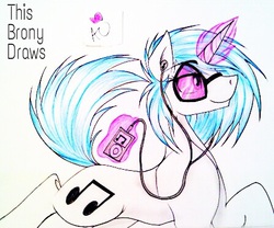Size: 446x371 | Tagged: safe, artist:thisbronydraws, dj pon-3, vinyl scratch, pony, unicorn, g4, cutie mark, earbuds, female, glowing horn, hooves, horn, ipod, levitation, magic, mare, mp3 player, music player, simple background, smiling, solo, sunglasses, telekinesis, text, white background