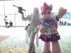 Size: 960x720 | Tagged: safe, artist:farondk, pinkie pie, bronycon, g4, 2014, clothes, convention, cosplay, crossover, dress, fursuit, gala dress, irl, photo, snowtrooper, star wars