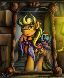 Size: 1028x1250 | Tagged: safe, artist:jamescorck, applejack, rainbow dash, g4, clothes, dress, fanfic art, female, hair bow, hatless, implied appledash, lesbian, mirror, missing accessory, ponytail, saddle, ship:appledash, shipping, tongue out