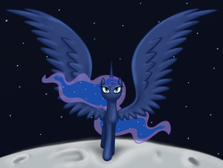 Size: 1200x900 | Tagged: safe, artist:t3zz, princess luna, g4, female, large wings, looking at you, moon, solo, spread wings