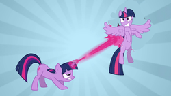 Size: 1024x577 | Tagged: safe, artist:cartoonfanboyone, twilight sparkle, alicorn, pony, g4, alicorn drama, bad edit, beam, drama, female, glare, gritted teeth, larsonism, magic, mare, op is a duck, op is a slowpoke, self ponidox, spread wings, square crossover, sunburst background, twilight sparkle (alicorn), wide eyes