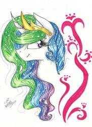 Size: 1645x2257 | Tagged: safe, artist:careness, princess celestia, g4, curved horn, female, horn, looking back, smiling, solo, traditional art