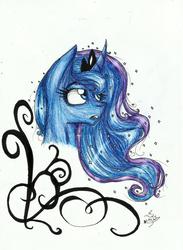 Size: 1670x2277 | Tagged: safe, artist:careness, princess luna, g4, curved horn, female, horn, solo, traditional art