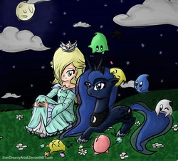 Size: 862x779 | Tagged: safe, artist:everdreamyartist, princess luna, alicorn, human, luma, pony, g4, crossover, female, grass, mare, night, princess rosalina, prone, rosalina, sitting, star bits, super mario bros., super mario galaxy