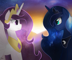 Size: 6000x5000 | Tagged: safe, artist:kmitangol, princess celestia, princess luna, g4, absurd resolution, looking at each other, stars, sunrise