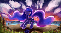 Size: 2000x1084 | Tagged: dead source, safe, artist:shamanguli, princess luna, g4, cloud, cloudy, dancing, eyes closed, female, ocean, solo