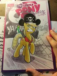 Size: 600x800 | Tagged: safe, artist:tony fleecs, applejack, parrot, friendship is magic #13, g4, bicorne, female, hat, irl, photo, pirate, pirate ship, solo, traditional art