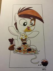 Size: 768x1024 | Tagged: safe, artist:tony fleecs, pipsqueak, g4, colt, foal, food, male, messy eating, pipsqueak eating spaghetti, ponies eating meat, solo, spaghetti, traditional art