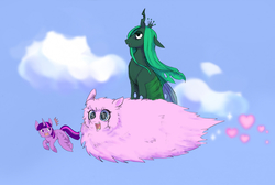 Size: 1585x1068 | Tagged: safe, artist:kukku pu, queen chrysalis, twilight sparkle, oc, oc:fluffle puff, alicorn, pony, g4, female, flying, mare, pixiv, twilight sparkle (alicorn)