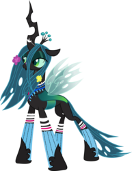 Size: 3000x3891 | Tagged: dead source, safe, artist:theshadowstone, queen chrysalis, changeling, changeling queen, g4, bitch i'm fabulous, clothes, crown, dress, female, flower, flower in hair, high res, ponymania, simple background, socks, solo, transparent background