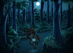 Size: 2000x1459 | Tagged: safe, artist:cobilly, oc, oc only, oc:amber, firefly (insect), forest, lantern, moon, night, solo