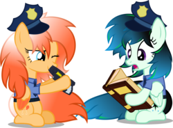 Size: 1966x1445 | Tagged: safe, artist:zacatron94, pinkie pie, twilight sparkle, pegasus, pony, g4, aurora nightfall, book, disguise, flaming comet, hoof hold, no trigger discipline, open mouth, police, race swap, reading, simple background, sitting, smiling, taser, this will end in tears and/or death, transparent background, twilight sparkle (alicorn), wide eyes, wink
