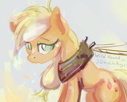 Size: 1280x1024 | Tagged: safe, artist:ruby, applejack, g4, female, hatless, horse collar, missing accessory, sitting, solo, tired
