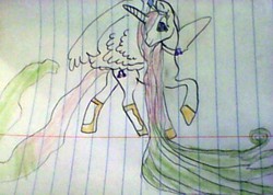 Size: 578x412 | Tagged: safe, artist:gracie_cleopatra, oc, oc only, oc:princess flower note, alicorn, pony, alicorn oc, crown, cute, lined paper, music notes, other dimension, princess, sandals, solo, traditional art