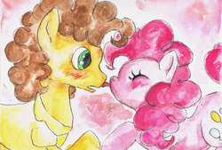 Size: 1337x903 | Tagged: safe, artist:nandalace, cheese sandwich, pinkie pie, g4, female, licking, male, ship:cheesepie, shipping, straight, traditional art
