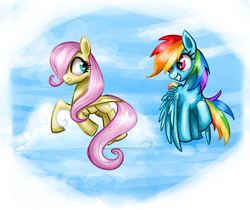 Size: 2500x2100 | Tagged: safe, artist:clrb, fluttershy, rainbow dash, g4, filly, high res, smiling, younger