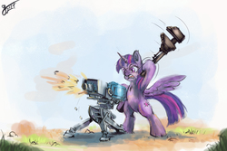 Size: 3000x2000 | Tagged: safe, artist:lukeine, twilight sparkle, alicorn, pony, g4, angry, bipedal, female, high res, mare, pun, sentry, solo, team fortress 2, twilight sparkle (alicorn), visual pun, wrench
