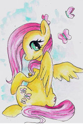 Size: 735x1086 | Tagged: safe, artist:nandalace, fluttershy, butterfly, g4, female, looking back, sitting, smiling, solo, traditional art