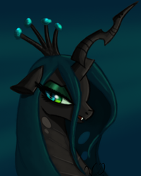 Size: 581x726 | Tagged: dead source, safe, artist:winterdominus, queen chrysalis, changeling, changeling queen, g4, female, kitchen eyes, open mouth, portrait, profile, smiling, solo