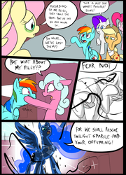 Size: 696x965 | Tagged: safe, artist:metal-kitty, applejack, fluttershy, pinkie pie, princess luna, rainbow dash, rarity, oc, oc:lockette, alicorn, earth pony, pegasus, pony, unicorn, comic:mlp project, g4, bandage, comic, female, mare, nightmare moon armor, sitting