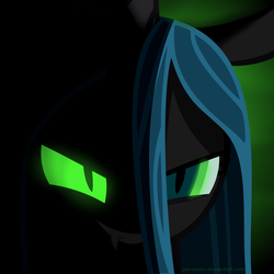 Size: 1000x1000 | Tagged: safe, artist:ponyecho, queen chrysalis, changeling, changeling queen, g4, evil smile, female, glowing eyes, grin, show accurate, solo