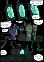 Size: 696x965 | Tagged: safe, artist:metal-kitty, twilight sparkle, oc, oc:buckshot (mlp project), oc:bullseye (mlp project), oc:leon (mlp project), oc:red harvest, changeling, earth pony, pegasus, pony, unicorn, comic:mlp project, g4, comic, eyepatch, female, mare