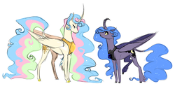 Size: 1000x490 | Tagged: safe, artist:sutexii, princess celestia, princess luna, classical unicorn, g4, curved horn, horn, leonine tail, simple background