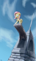 Size: 614x1024 | Tagged: safe, artist:chickhawk96, fluttershy, pegasus, pony, g4, acrophobia, ears back, female, looking down, scared, solo, tower, vertigo