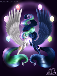 Size: 1024x1365 | Tagged: safe, artist:kitsunehino, princess celestia, princess luna, g4, elements of harmony, eyes closed, spread wings