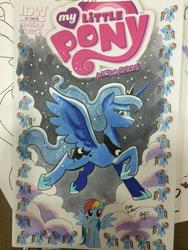 Size: 768x1024 | Tagged: safe, artist:tony fleecs, idw, official comic, princess luna, rainbow dash, alicorn, pegasus, pony, g4, micro-series #2, my little pony micro-series, comic cover, cover, cover art, female, irl, mare, photo, solo, traditional art, variant cover