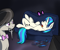 Size: 1280x1067 | Tagged: safe, artist:thekuto, dj pon-3, octavia melody, vinyl scratch, earth pony, pony, unicorn, g4, couch, duo, haircut, mouth hold, scissors, sleeping