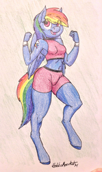 Size: 1141x1920 | Tagged: safe, artist:hobbsmeerkat, rainbow dash, anthro, unguligrade anthro, g4, armpits, female, solo, traditional art