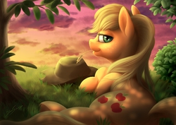Size: 2631x1860 | Tagged: safe, artist:bluespaceling, applejack, earth pony, pony, g4, applebutt, applejack's hat, beautiful, butt, cowboy hat, female, hat, looking at you, looking back, looking back at you, loose hair, lying, plot, portrait, realistic, smiling, solo, straw in mouth, sunset, wheat