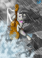 Size: 850x1182 | Tagged: safe, artist:chocolatechilla, octavia melody, earth pony, pony, g4, bipedal, cello, epic, female, lightning, musical instrument, rain, solo, storm