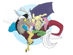 Size: 960x720 | Tagged: safe, artist:pusspuss, discord, fluttershy, draconequus, pegasus, pony, g4, eye contact, female, flying, male, upside down