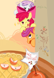 Size: 500x713 | Tagged: safe, artist:vris-xx, apple bloom, scootaloo, sweetie belle, g4, cutie mark crusaders, pie, russian, this will end in tears