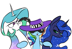 Size: 640x435 | Tagged: safe, artist:underpable, princess celestia, princess luna, rainbow dash, g4, :i, :p, angry, floppy ears, frown, glare, hat, hug, pimp hat, simple background, smirk, sunglasses, tickling, tongue out, unamused