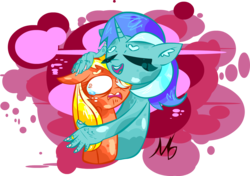 Size: 1530x1080 | Tagged: safe, artist:mushroomcookiebear, applejack, lyra heartstrings, g4, crying, hand, hatless, missing accessory, ring, scared