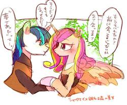 Size: 678x562 | Tagged: dead source, safe, artist:chi-hayu, princess cadance, shining armor, alicorn, pony, unicorn, g4, blushing, clothes, female, japanese, looking at each other, male, mare, sleeping beauty, stallion, straight, translated in the comments