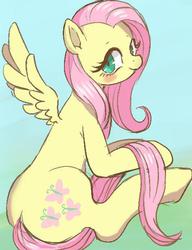 Size: 459x598 | Tagged: dead source, safe, artist:semi-kon, fluttershy, pegasus, pony, g4, female, looking at you, mare, sitting, smiling, solo