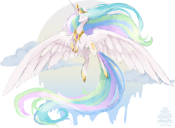 Size: 1200x878 | Tagged: safe, artist:mocha-shortcake, princess celestia, g4, eyes closed, female, large wings, majestic, solo, spread wings