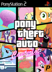 Size: 1534x2125 | Tagged: safe, artist:xexyz128, applejack, fluttershy, lord tirek, pinkie pie, rainbow dash, rarity, twilight sparkle, g4, atomic rainboom, game cover, grand theft auto, mane six, parody, playstation 2