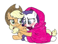 Size: 2048x1536 | Tagged: safe, artist:rare-rarity-fan, applejack, rarity, g4, backwards thermometer, blanket, female, flu, friendship, lesbian, red nosed, ship:rarijack, shipping, sick, thermometer