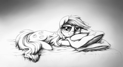 Size: 2857x1571 | Tagged: safe, artist:verulence, applejack, g4, bed, female, grayscale, looking at you, loose hair, monochrome, morning ponies, pillow, prone, solo, traditional art