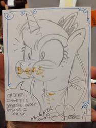 Size: 768x1024 | Tagged: safe, artist:andypriceart, princess luna, alicorn, pony, g4, :i, andy you magnificent bastard, aweeg*, barbeque, bib, blushing, cute, dark comedy, eating, female, implied cannibalism, implied hard vore, lunabetes, messy, messy eating, ponies eating meat, portrait, puffy cheeks, sketch, solo, traditional art, wide eyes