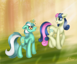 Size: 4200x3500 | Tagged: safe, artist:astralispl, bon bon, lyra heartstrings, sweetie drops, earth pony, pony, unicorn, g4, crepuscular rays, duo, forest, leaf