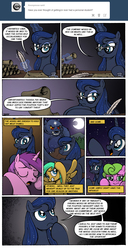 Size: 1500x2922 | Tagged: safe, artist:selenophile, amethyst star, daisy, flower wishes, princess luna, sparkler, sunshower raindrops, pony, ursa minor, g4, comic, glasses, i can't believe it's not idw, moonlight inquiries, quill, scroll, stars