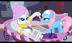 Size: 800x480 | Tagged: safe, screencap, lotus blossom, rarity, pony, g4, ponyville confidential, mouth hold, nail file, newspaper, pampering, spa, spoiled