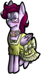 Size: 400x715 | Tagged: safe, artist:knadire, artist:knadow-the-hechidna, oc, oc only, oc:alby roo, pegasus, pony, clothes, crossdressing, cute, dress, purple, solo, yellow